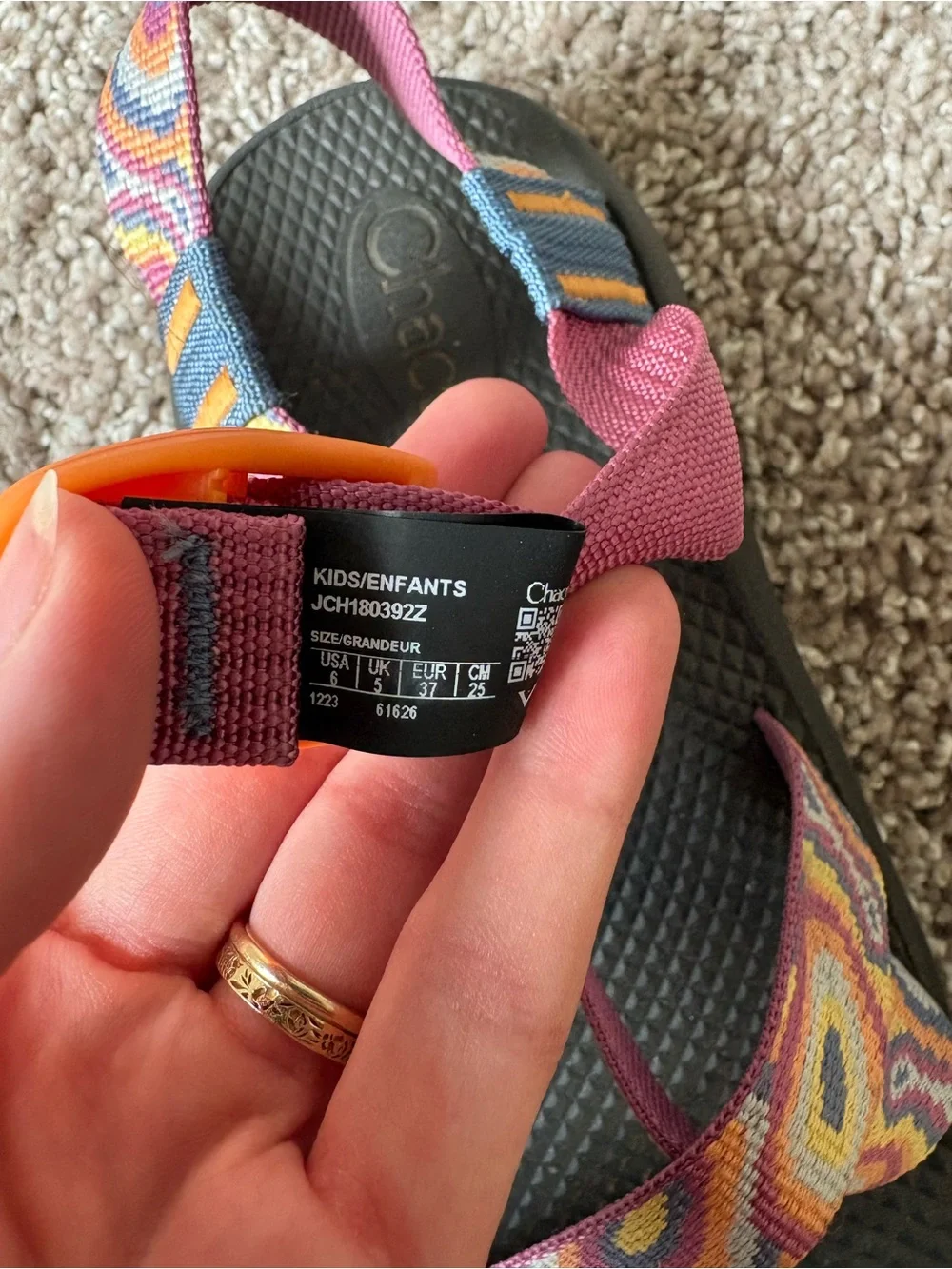 Chaco Kids Gray Footbed Sandals with Pink Multicolor Straps and Orange Buckles